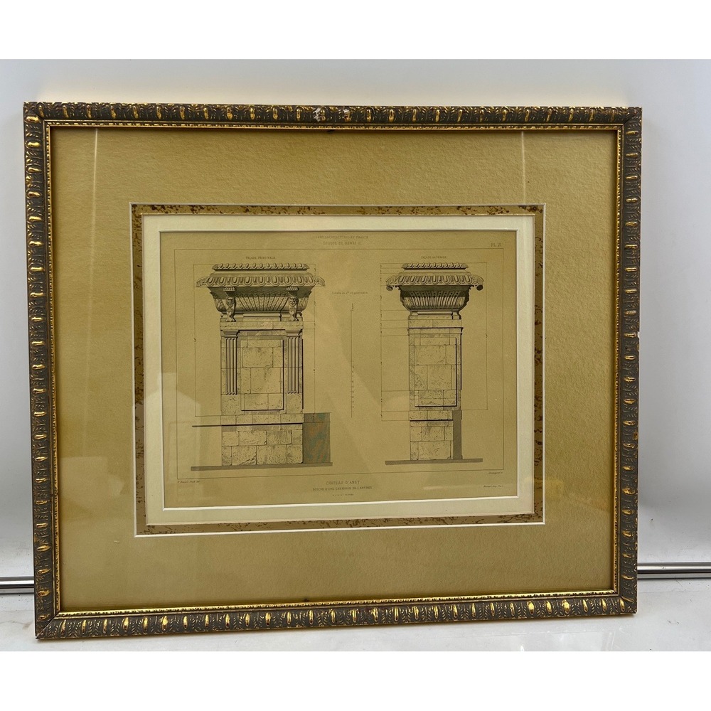 Vintage Chateau d'Anet Architectural Lithograph Framed French Renaissance Print
